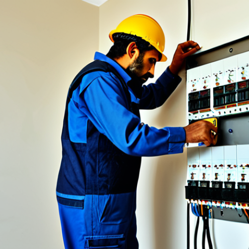 Home 14 **
"A professional electrician, fully clothed in appropriate work attire, inspecting electrical wiring in a modern home in Karachi, Pakistan. Safe for work, professional environment, perfect anatomy, correct proportions, well-formed hands, appropriate content, family-friendly, natural pose, high-quality rendering, natural lighting."
**