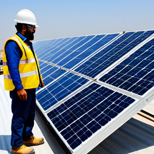 Home 7 **
"A South Asian electrical engineer, fully clothed in appropriate work attire (steel-toe boots, high-visibility vest, safety glasses), inspecting a solar panel array on a rooftop in Karachi, Pakistan. Bright daylight, clear sky. Safe for work, appropriate content, professional, perfect anatomy, natural proportions, high quality."
**